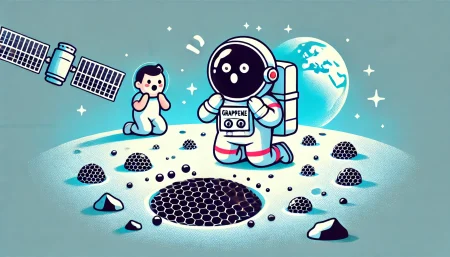 Imagen minimalista y divertida de un astronauta caricaturesco descubriendo grafeno en la superficie de la Luna. El astronauta, con una expresión de sorpresa, observa pequeñas escamas negras de grafeno en el suelo lunar. Al fondo, se ve la Tierra y algunas estrellas en el cielo, creando una escena simple y colorida.