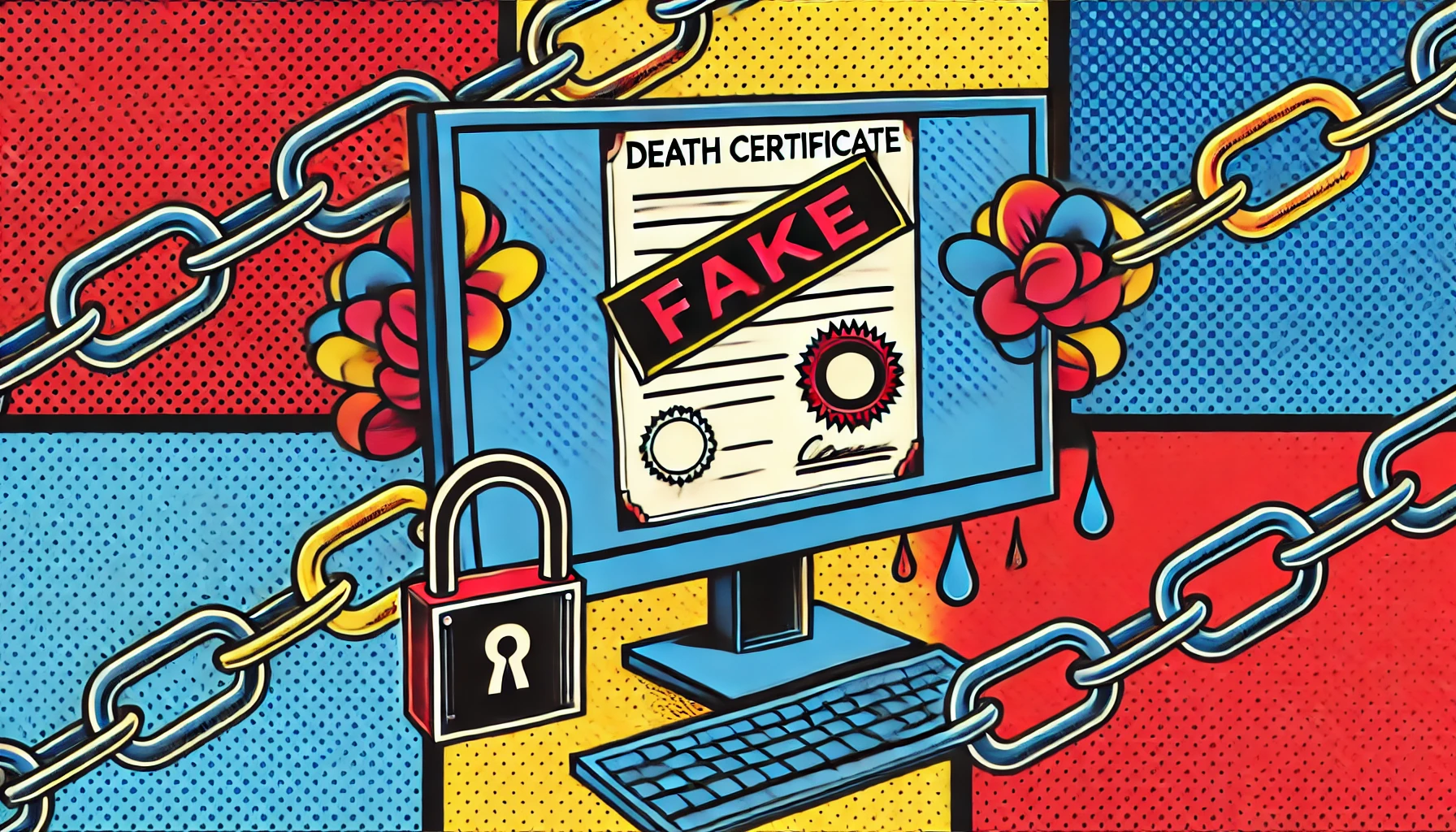 Ilustración pop art de un certificado de defunción falso en pantalla, representando el cibercrimen y sus consecuencias