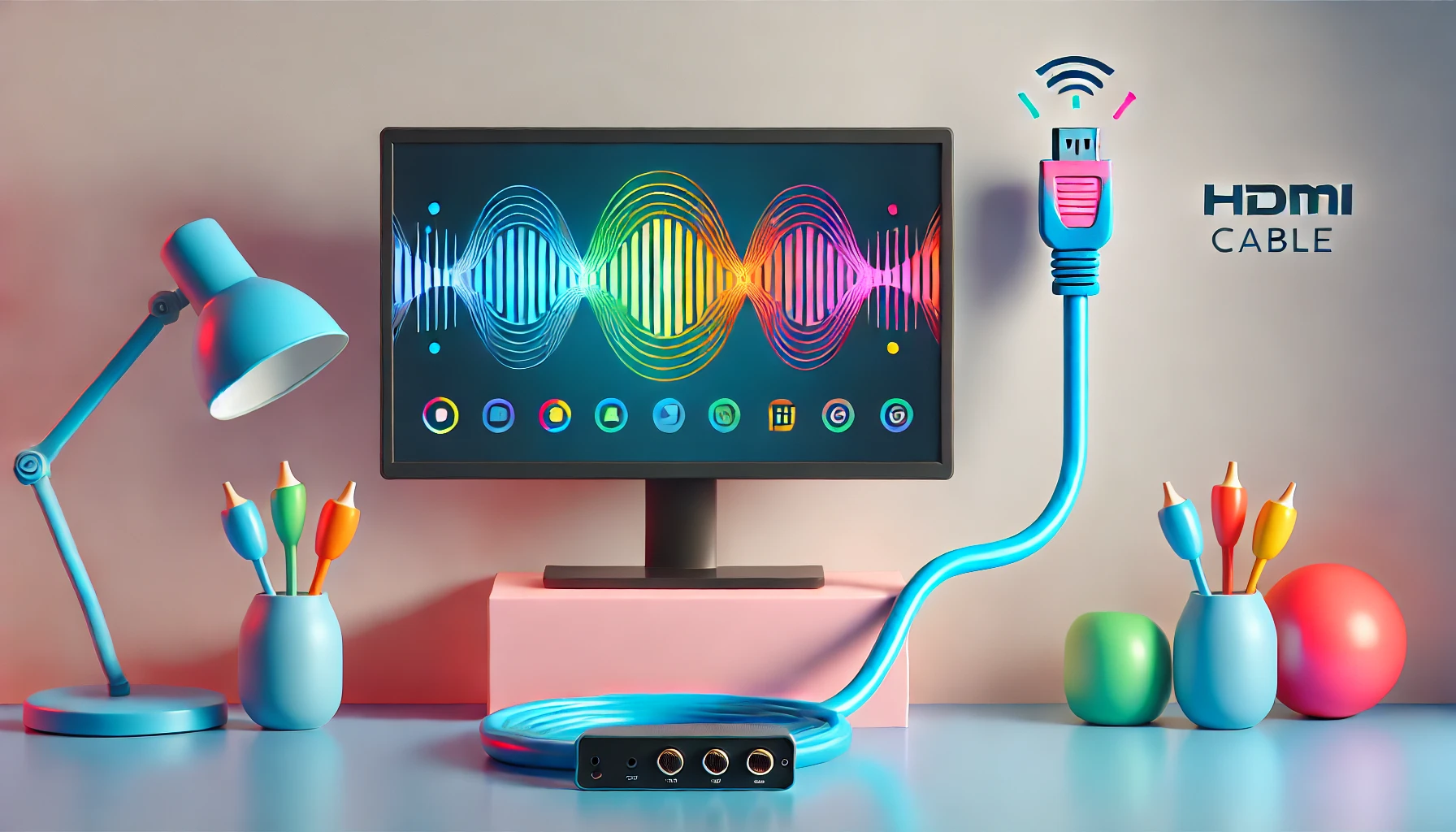 Una imagen minimalista y divertida que muestra una pantalla de computadora conectada a una televisión con un cable HDMI, emitiendo ondas coloridas que simbolizan la intercepción de datos. La configuración es simple y moderna, con colores brillantes y un diseño lúdico.