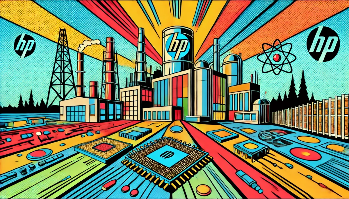 dibujo minimalista en estilo de arte pop para ilustrar el artículo sobre la expansión de la planta de semiconductores de HP en Oregón. La imagen sigue el estilo de impresión de cómics con colores vibrantes y contornos audaces, utilizando tonos primarios fuertes