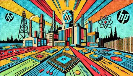 dibujo minimalista en estilo de arte pop para ilustrar el artículo sobre la expansión de la planta de semiconductores de HP en Oregón. La imagen sigue el estilo de impresión de cómics con colores vibrantes y contornos audaces, utilizando tonos primarios fuertes