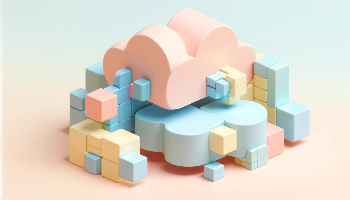 Una imagen minimalista en tonos pasteles suaves que representa de manera divertida y abstracta la integración de tecnologías en el ámbito de la inteligencia artificial. Las formas geométricas se fusionan en un fondo de colores delicados como rosa pálido, azul bebé y amarillo suave, simbolizando la colaboración e innovación en el almacenamiento de grandes datos y modelos. La imagen captura el concepto de manera sencilla y amigable, evocando la evolución y el futuro de la IA.