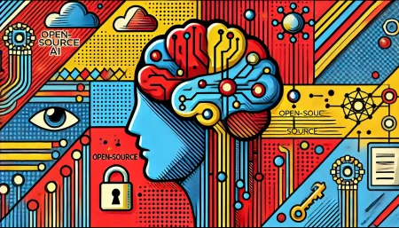 Ilustración minimalista de arte pop que representa la inteligencia artificial y el código abierto, con colores vibrantes y contornos audaces.