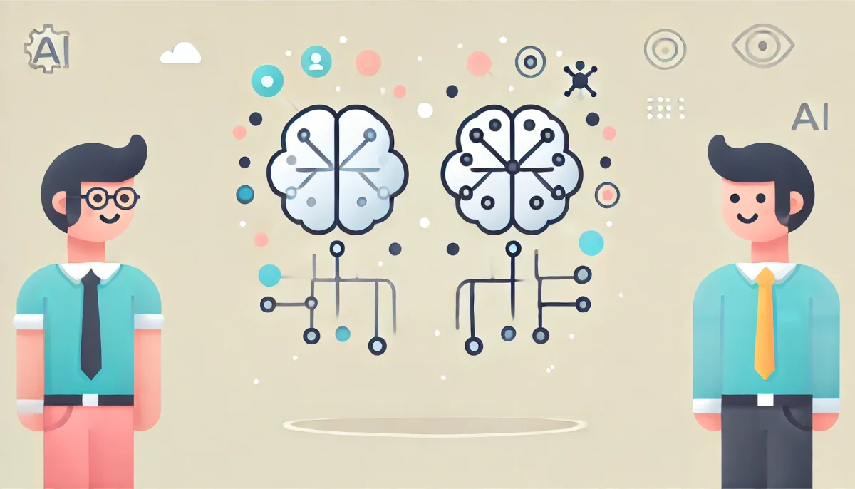 Imagen minimalista y divertida que muestra la conexión entre la actividad cerebral humana y la inteligencia artificial. A la izquierda, un ícono simple de un cerebro humano y, a la derecha, un ícono de red neuronal que representa la IA. Entre ambos, una serie de puntos interconectados que representan la transferencia de datos o comunicación. Fondo limpio y claro, con colores suaves y formas simples.