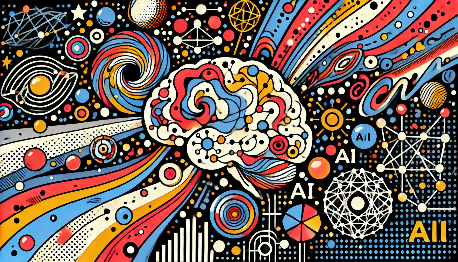 ilustración pop art sobre inteligencia artificial y los ajustes cosmológicos del universo.