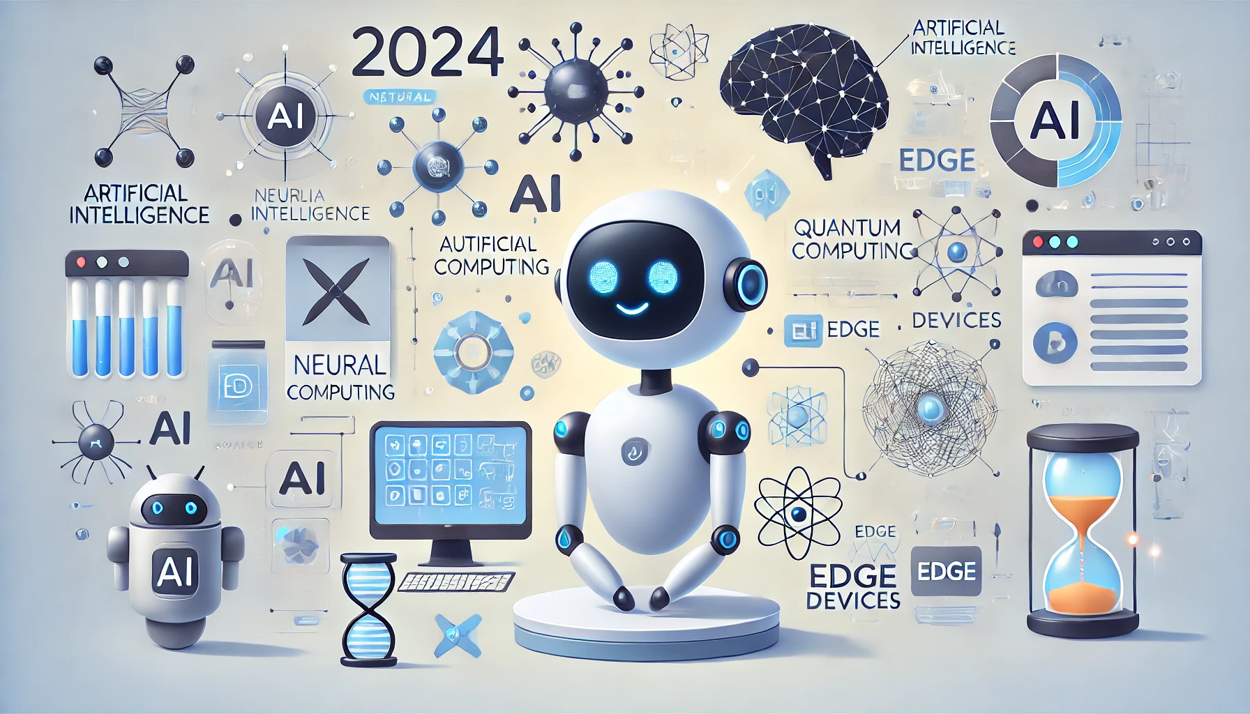 Una imagen minimalista y divertida que representa la inteligencia artificial en 2024. Un robot elegante y amigable interactúa con varios elementos tecnológicos como redes neuronales, símbolos de computación cuántica y dispositivos edge. El robot está rodeado de pantallas holográficas y flujos de datos futuristas, todo representado en un estilo simple y colorido. El fondo es limpio y claro, enfatizando la naturaleza avanzada y lúdica de las tecnologías de IA.