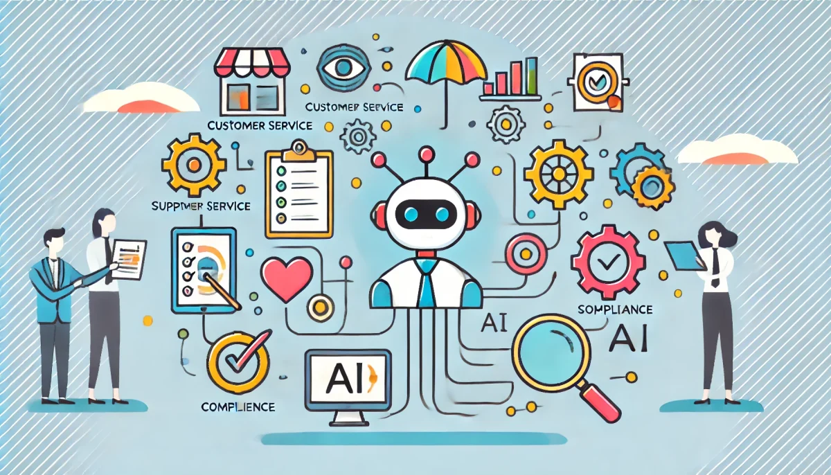 Una ilustración minimalista y divertida que representa la tecnología de IA simplificando diversos procesos empresariales. La imagen muestra íconos simples y coloridos de diferentes tareas conectados a un cerebro central de IA, destacándose sobre un fondo limpio y claro.