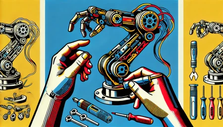 ilustración de arte pop minimalista sobre robótica diy con colores vibrantes y contornos audaces