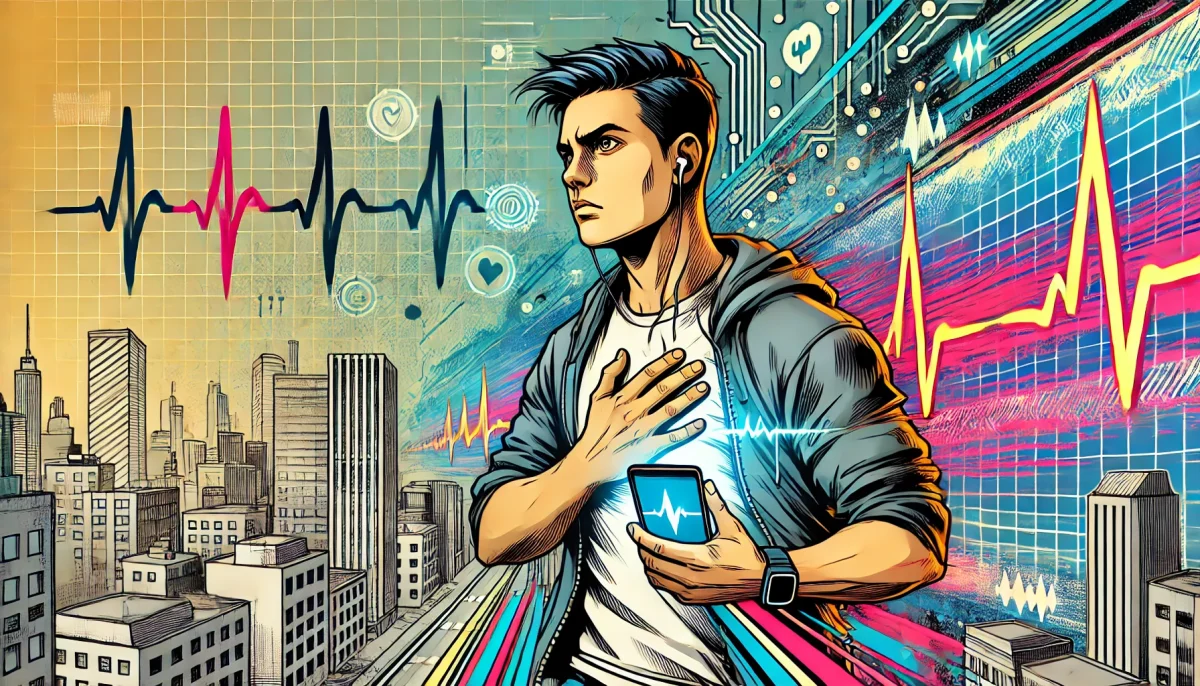 ilustración urbana de hombre utilizando IA para monitorear salud con smartphone