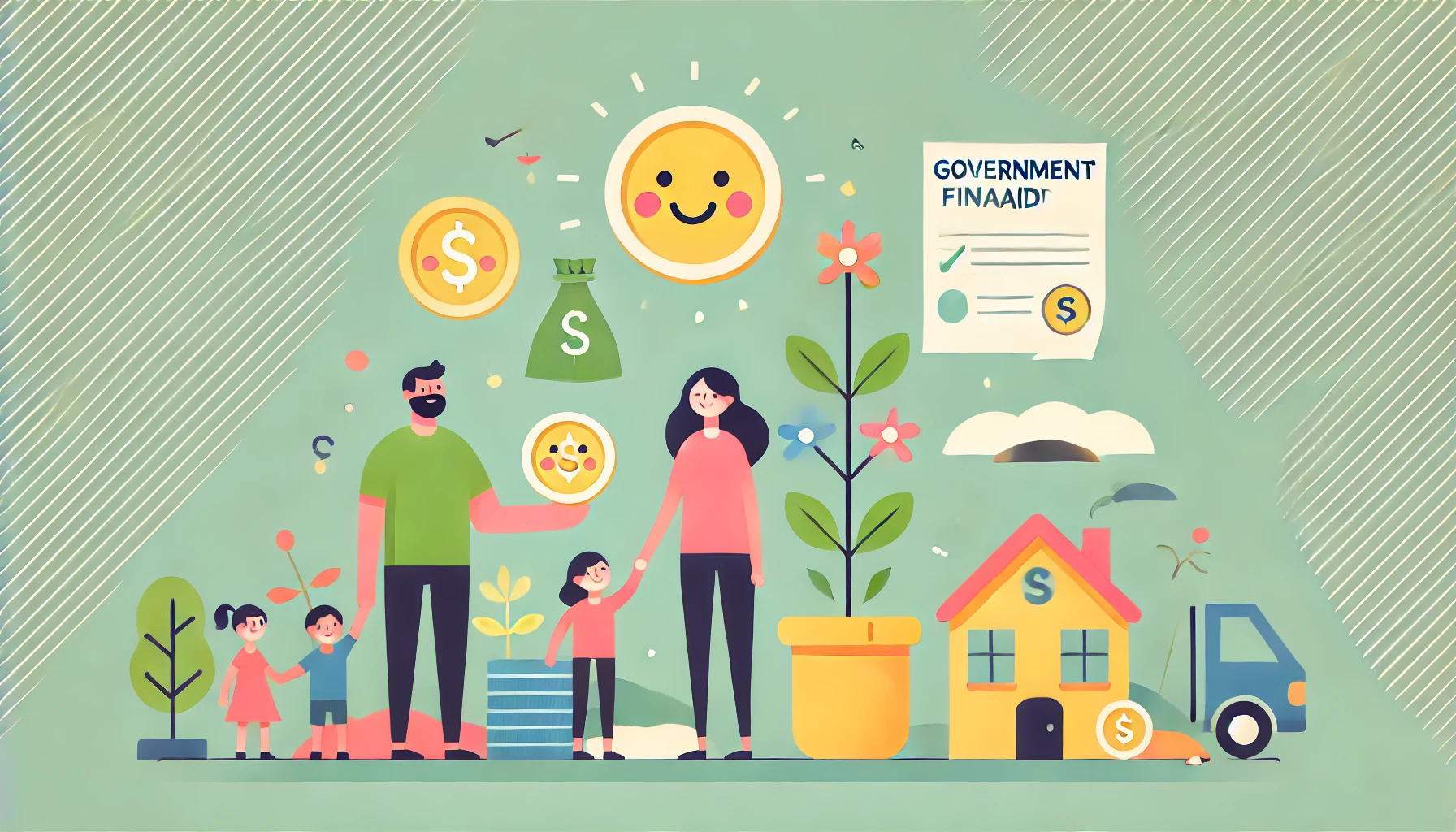 Una ilustración minimalista y divertida que representa la ayuda financiera del gobierno a las familias. La imagen muestra una representación simple y colorida de una familia recibiendo apoyo financiero, con elementos abstractos que simbolizan crecimiento y seguridad, como una pequeña casa, monedas y caras sonrientes, sobre un fondo de color claro y agradable.