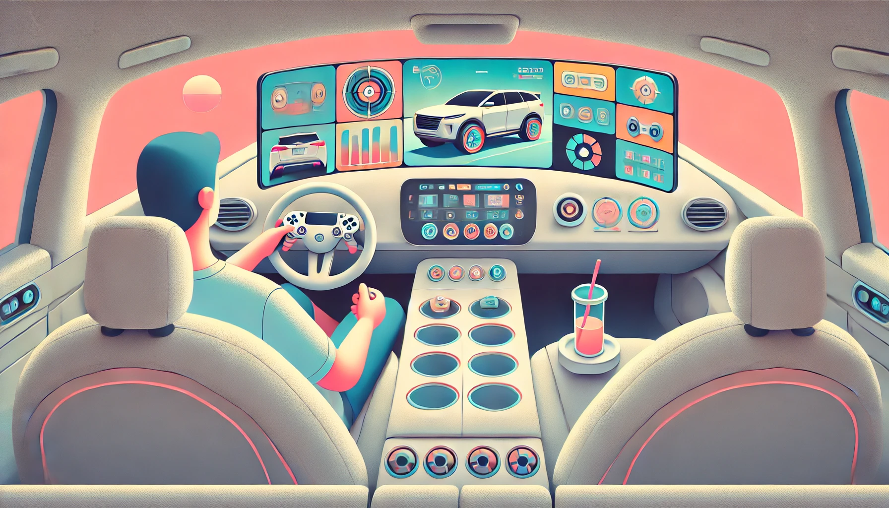 imagen minimalista con tonos pasteles suaves que muestra un interior futurista de un coche, equipado con varias pantallas que exhiben gráficos de videojuegos. Un pasajero relajado en el asiento trasero sostiene un control de juego, disfrutando de una experiencia de entretenimiento de alta gama. La escena es divertida y capta la esencia del entretenimiento en vehículos avanzados.