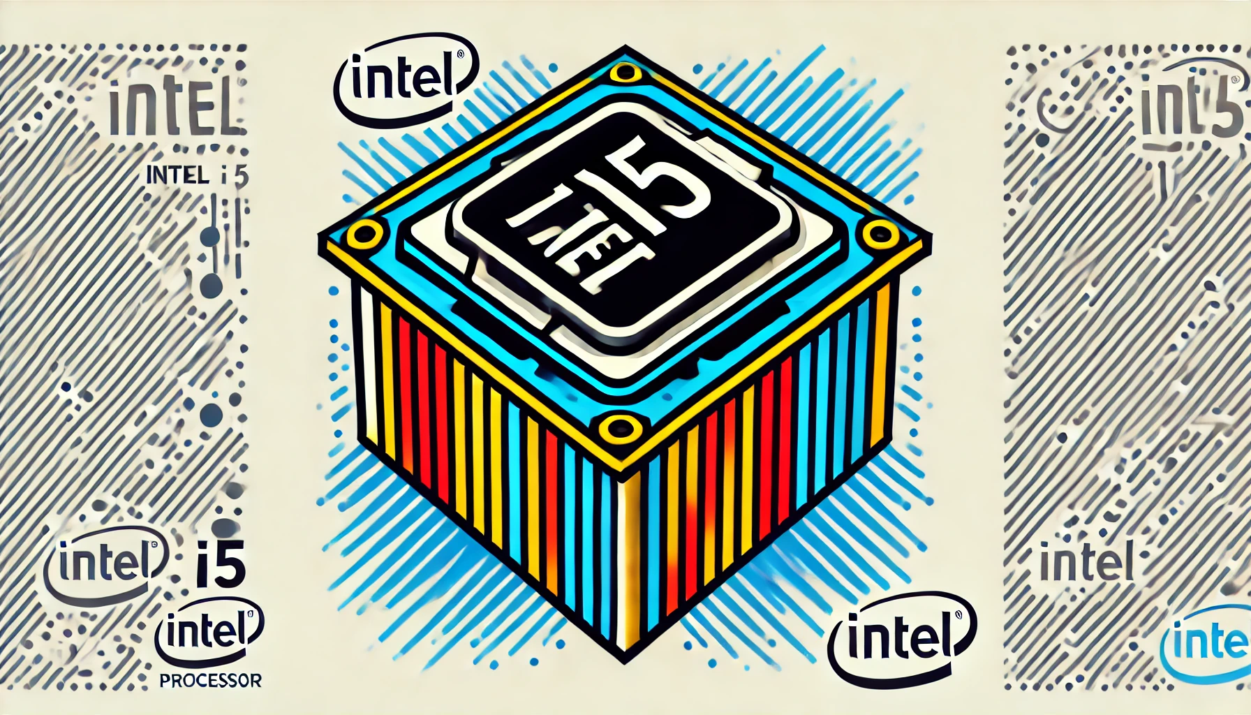 Ilustración minimalista del Intel i5 en estilo pop art con colores vibrantes y contrastes intensos