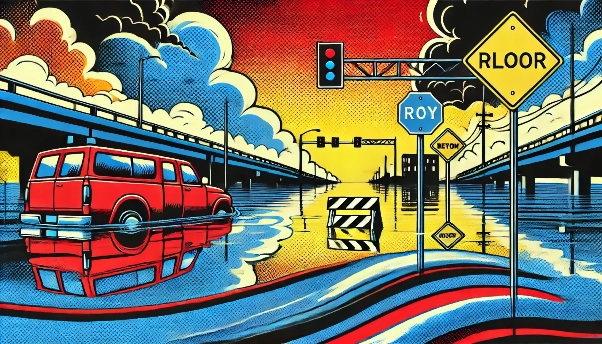 Ilustración de art pop de inundación urbana con colores primarios vibrantes y contornos de cómic