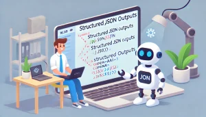 Imagen minimalista y divertida de un desarrollador colaborando con un asistente robótico para manejar salidas JSON estructuradas en su laptop. La escena moderna resalta la eficiencia y simplicidad del uso de la API de OpenAI en un entorno de trabajo limpio y organizado.