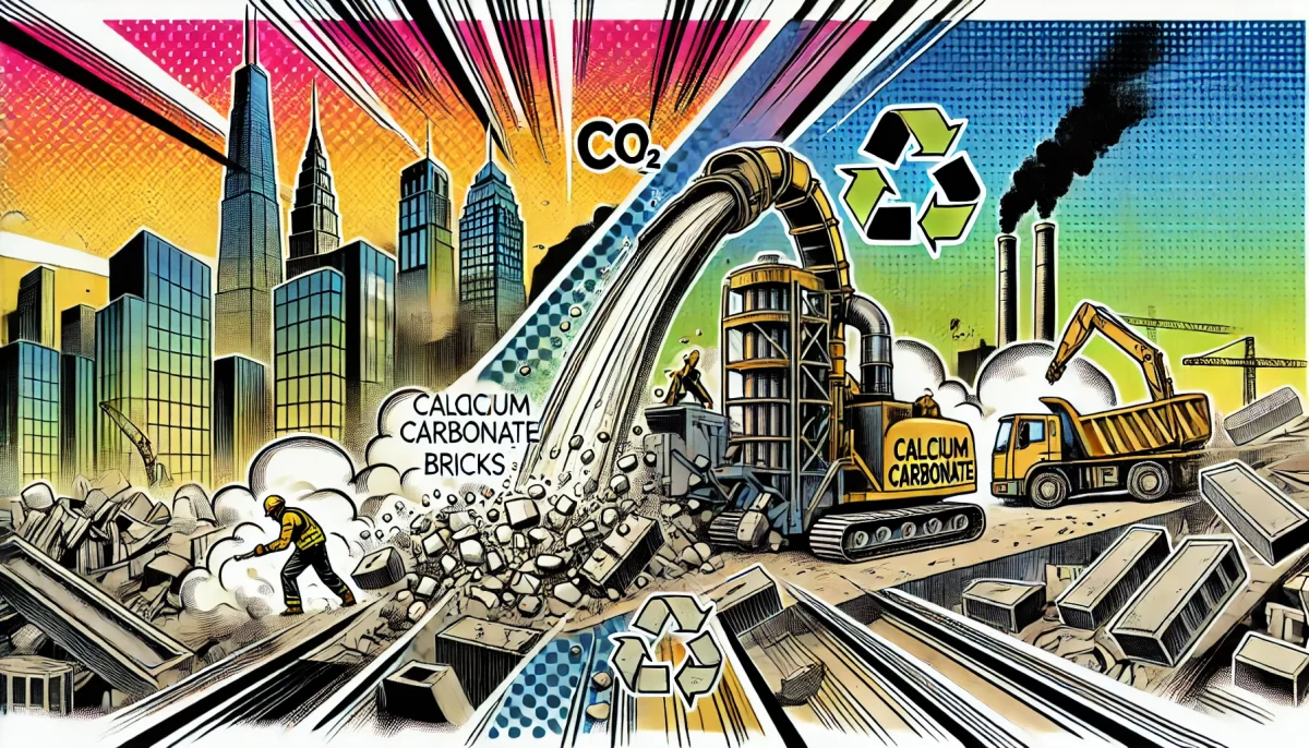 Ilustración estilo cómic sobre construcción sostenible: Transformación de escombros en ladrillos ecológicos