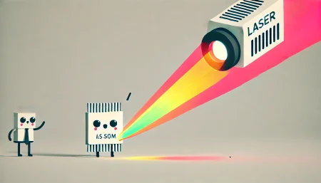 Una ilustración minimalista y divertida de un láser apuntando a un pequeño chip de computadora, con un diseño caricaturesco y una expresión de sorpresa. El rayo láser es exagerado y colorido, resaltando la interferencia inesperada. El fondo es simple y claro, destacando la interacción entre el láser y el chip.