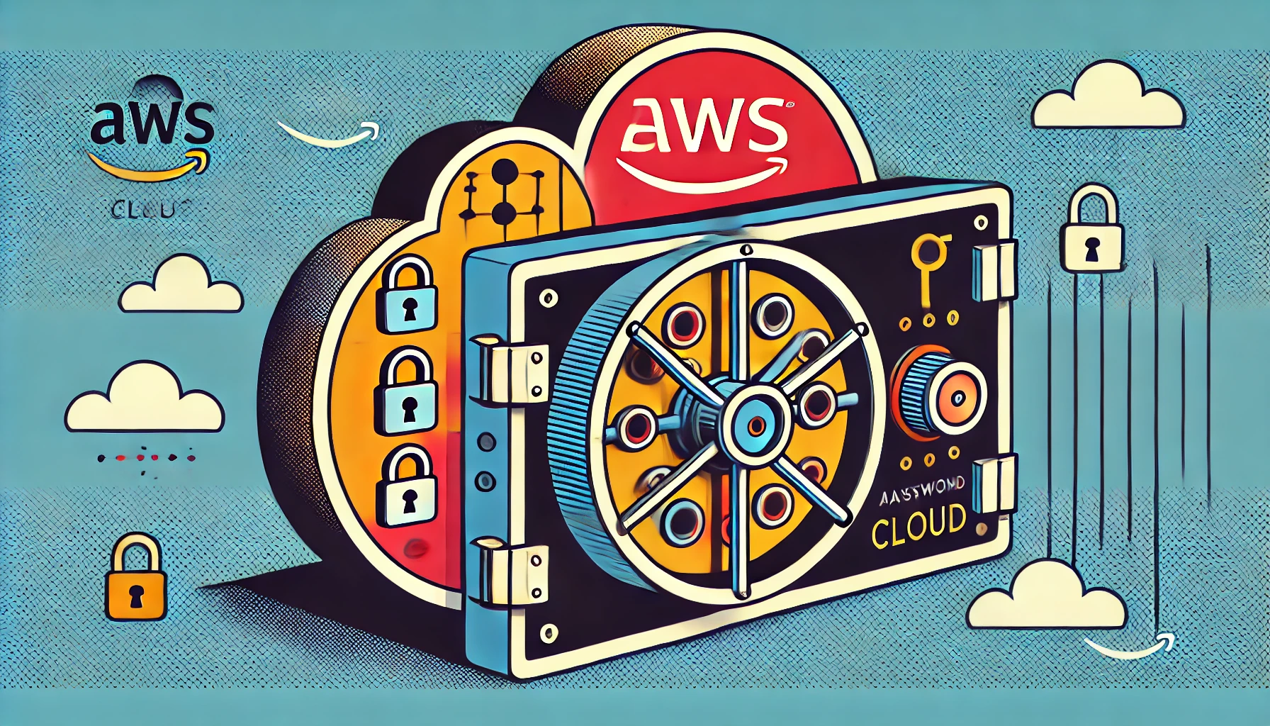 ilustración arte pop de gestión de contraseñas y seguridad digital con integración en la nube de AWS