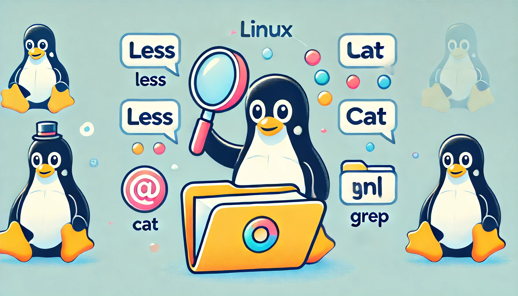 La imagen muestra a un alegre pingüino (Tux, el mascot de Linux) sosteniendo una lupa mientras examina una carpeta de archivos. En la carpeta se ven íconos representando comandos como 'less', 'cat', 'nl' y 'grep'. El fondo es limpio con colores pastel suaves, dando una sensación moderna y simple.