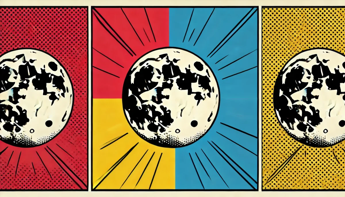 Ilustración en estilo pop art del interior de la Luna que revela su núcleo de hierro sólido con colores primarios vibrantes y contornos negros audaces, capturando el dramático descubrimiento en una estética de cómic.