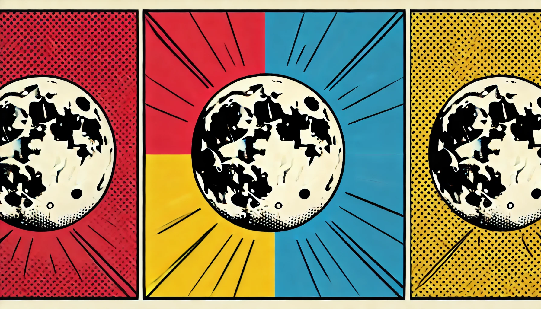 Ilustración en estilo pop art del interior de la Luna que revela su núcleo de hierro sólido con colores primarios vibrantes y contornos negros audaces, capturando el dramático descubrimiento en una estética de cómic.