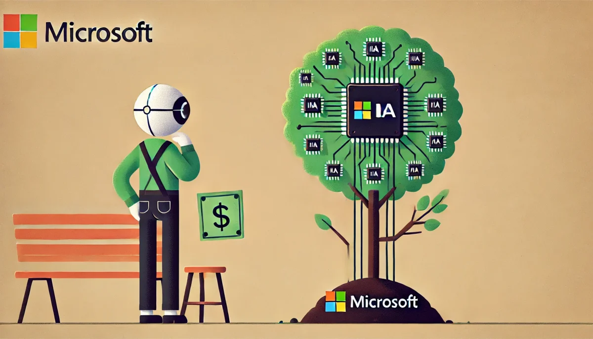 Ilustración minimalista y divertida que representa la inversión de Microsoft en inteligencia artificial. Una figura caricaturesca con una cartera llena de dinero observa un árbol joven con hojas de microchips y circuitos, simbolizando el desarrollo de la IA y la espera de resultados a largo plazo.