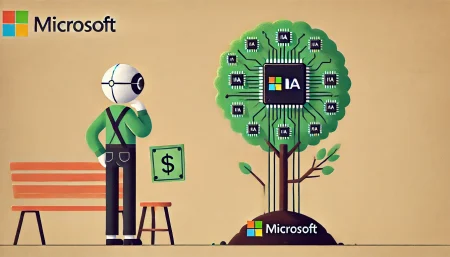 Ilustración minimalista y divertida que representa la inversión de Microsoft en inteligencia artificial. Una figura caricaturesca con una cartera llena de dinero observa un árbol joven con hojas de microchips y circuitos, simbolizando el desarrollo de la IA y la espera de resultados a largo plazo.