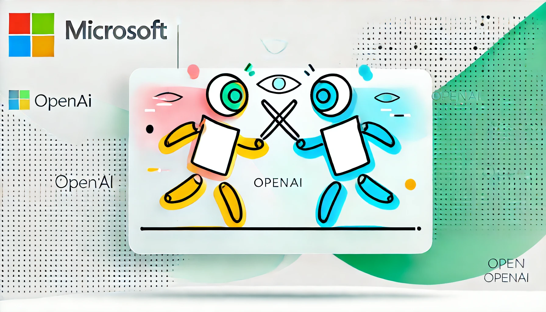 Una ilustración minimalista y divertida que representa la competencia entre Microsoft y OpenAI en el campo de la inteligencia artificial y los motores de búsqueda. La imagen muestra dos robots estilizados, simbolizando a Microsoft y OpenAI, en un amigable enfrentamiento tecnológico. El fondo es sencillo y limpio, con sutiles elementos de IA como redes neuronales y código digital, reflejando la naturaleza innovadora y dinámica de la industria tecnológica.