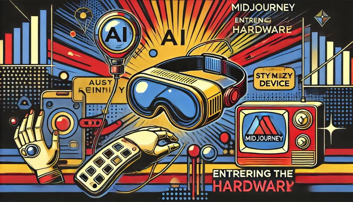 ilustración estilo arte pop de Midjourney explorando el mercado de hardware con diseño futurista y colores vibrantes