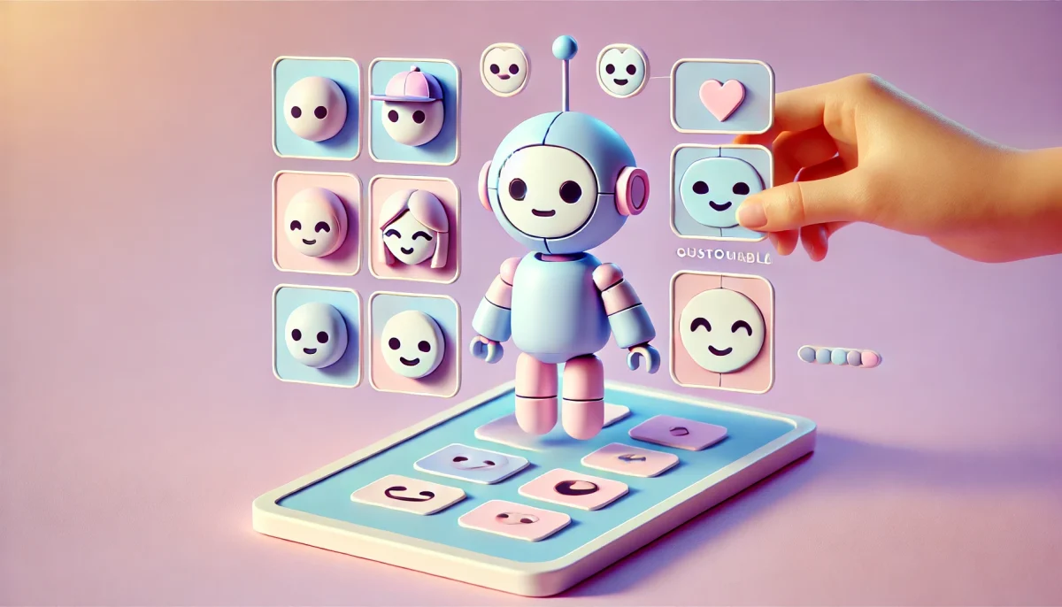 Una imagen en tonos pastel suaves, minimalista y divertida, que representa el concepto de la creación y personalización de agentes de inteligencia artificial (IA) en una plataforma digital amigable. La imagen presenta un simpático robot con partes personalizables, como diferentes sombreros y expresiones, siendo ensamblado en una interfaz digital sencilla. El fondo tiene un degradado suave de colores pastel, como rosa claro, lavanda y azul bebé, que transmite una sensación de accesibilidad y facilidad de uso.