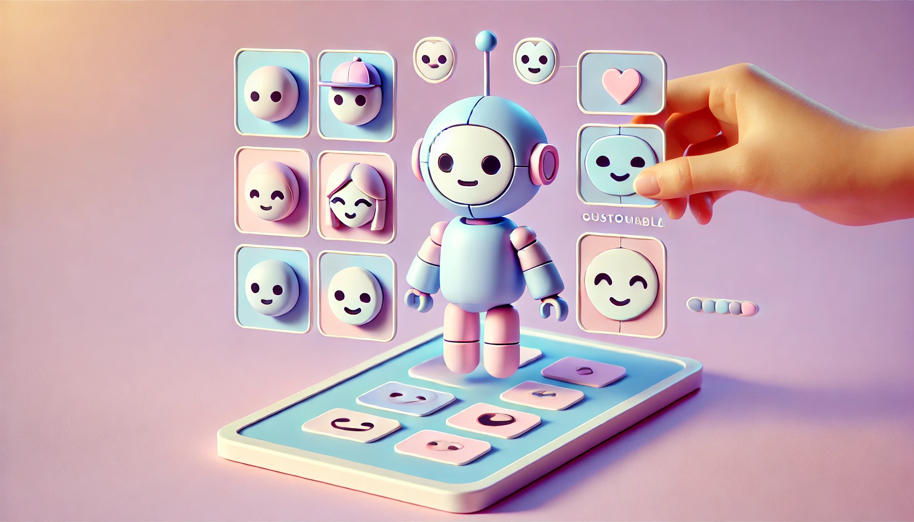 Una imagen en tonos pastel suaves, minimalista y divertida, que representa el concepto de la creación y personalización de agentes de inteligencia artificial (IA) en una plataforma digital amigable. La imagen presenta un simpático robot con partes personalizables, como diferentes sombreros y expresiones, siendo ensamblado en una interfaz digital sencilla. El fondo tiene un degradado suave de colores pastel, como rosa claro, lavanda y azul bebé, que transmite una sensación de accesibilidad y facilidad de uso.