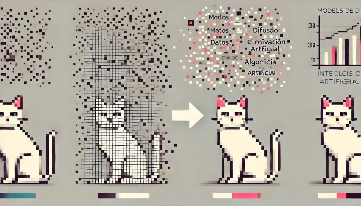 Esta imagen minimalista y divertida ilustra el proceso de los modelos de difusión en inteligencia artificial. La escena muestra una transición de una figura abstracta y pixelada, representando el ruido, a una imagen clara y nítida de un gato, simbolizando la eliminación del ruido. El fondo de colores suaves y formas geométricas representa los datos y algoritmos que impulsan esta tecnología. Ideal para explicar cómo funcionan los modelos de difusión en IA y su aplicación en la creación de imágenes de alta calidad.