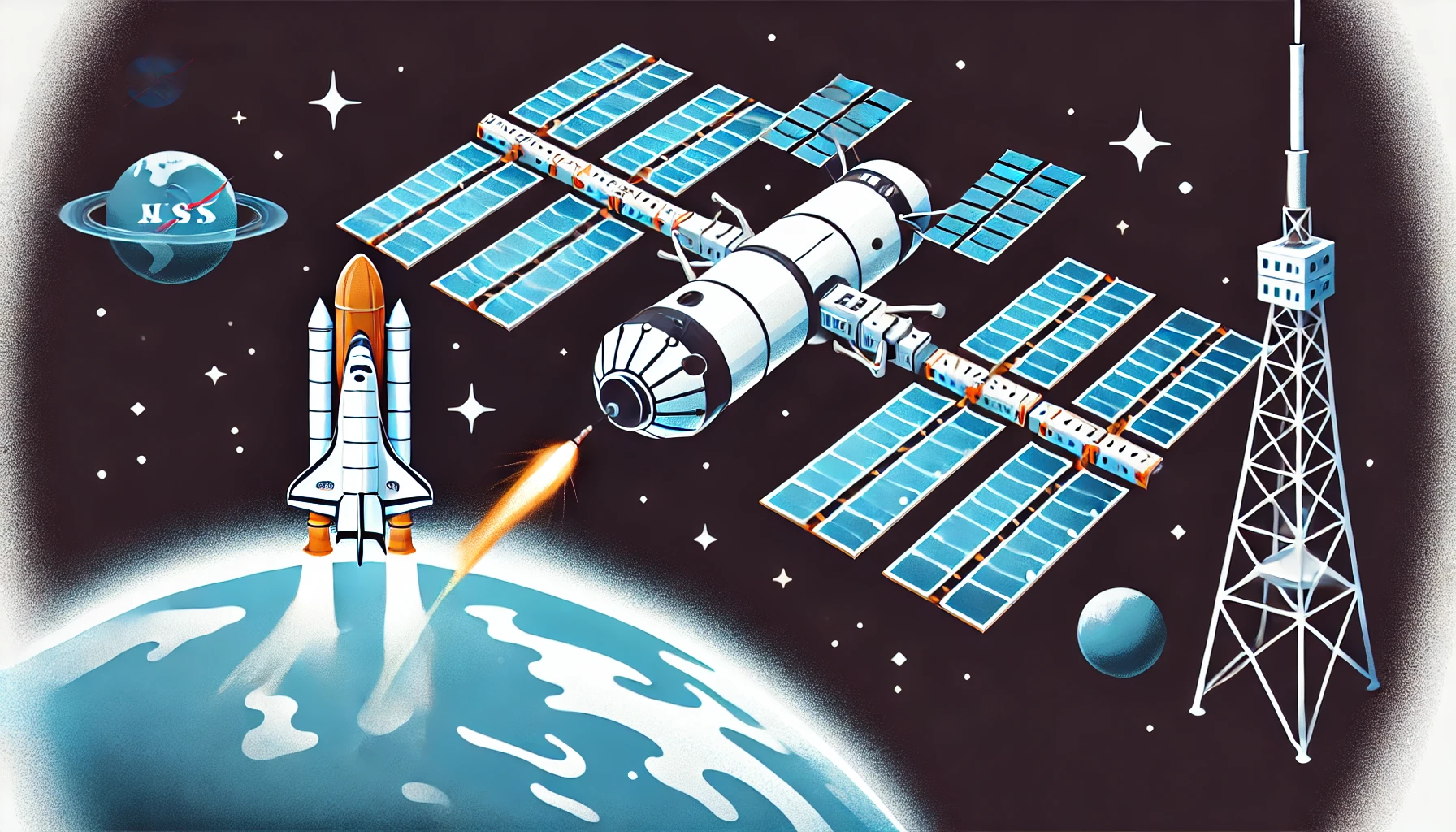 Una ilustración minimalista y colorida que muestra la nave espacial Cygnus de Northrop Grumman despegando del cohete SpaceX Falcon 9 hacia la Estación Espacial Internacional (ISS). La ISS está representada con sus paneles solares extendidos, orbitando la Tierra. Esta imagen resalta la cooperación en la exploración espacial y los avances científicos realizados en microgravedad.