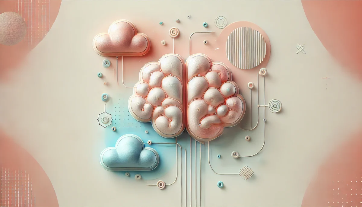 Una ilustración minimalista en tonos pastel suaves que representa de manera abstracta las redes neuronales en el cerebro, enfocadas en el proceso de la creatividad. La imagen utiliza líneas fluidas y formas geométricas simples para simbolizar la conexión entre las ideas, con texturas que evocan la tecnología en un diseño futurista y divertido. El fondo limpio y los colores suaves crean una atmósfera moderna y ligera, perfecta para conceptos relacionados con la innovación, la neurociencia y el pensamiento creativo.