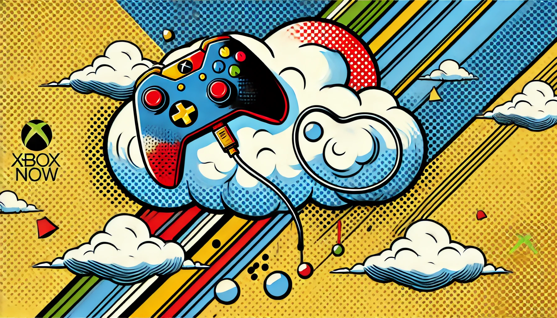 ilustración arte pop de gaming en la nube con controlador y nube, colores vibrantes y estilo cómic