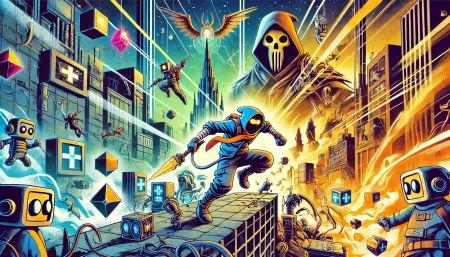 una ilustración que combina elementos de videojuegos como Spelunky y New World en un estilo influenciado por el cómic y el arte urbano. La imagen está diseñada para representar de manera dinámica y vibrante la esencia de la nueva serie de antología animada Secret Level.