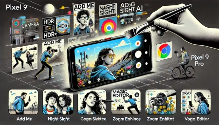 La imagen muestra el Pixel 9 Pro capturando fotos con diferentes funciones como HDR+, selfies de grupo, y tomas macro, rodeado de elementos visuales que representan las herramientas de IA como "Add Me" y "Magic Editor".