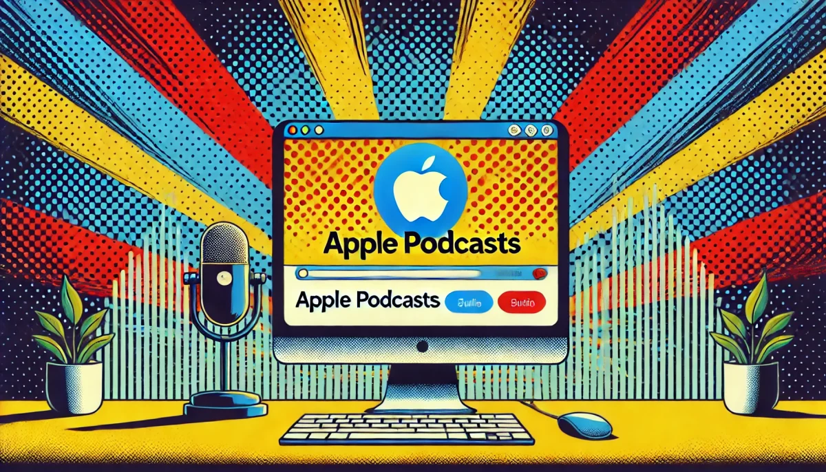 ilustración arte pop de Apple Podcasts disponible en la web, estilo minimalista con colores vibrantes