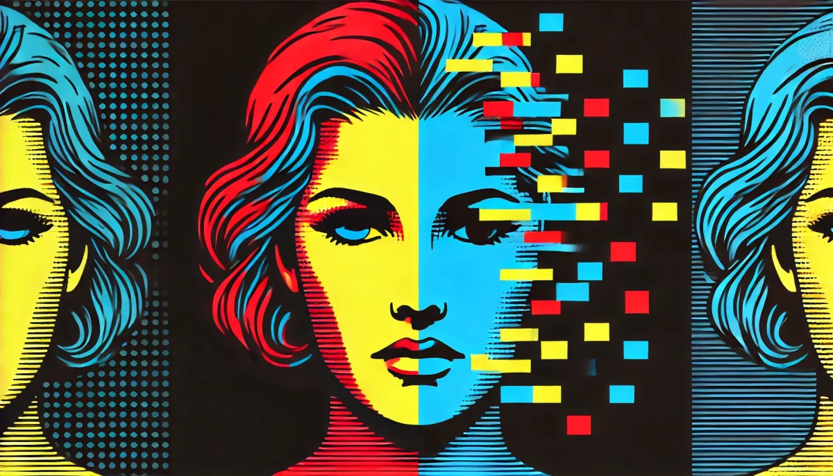 pop art illustration of deepfake technology, split face, bold colors, comic book style