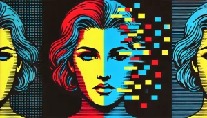 pop art illustration of deepfake technology, split face, bold colors, comic book style