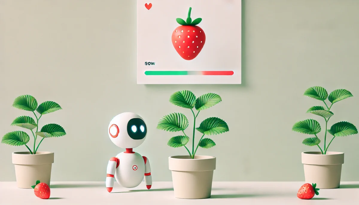 Una imagen minimalista y divertida que muestra una planta de fresas en una maceta, atendida por un pequeño robot curioso y amigable. El robot tiene un diseño simple con ojos expresivos, y la escena está ambientada en un fondo limpio que resalta la interacción entre el robot y la planta de fresas. Esta imagen refleja el espíritu avanzado y lúdico del Proyecto Strawberry de OpenAI.