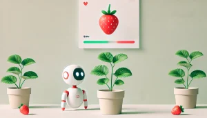 Una imagen minimalista y divertida que muestra una planta de fresas en una maceta, atendida por un pequeño robot curioso y amigable. El robot tiene un diseño simple con ojos expresivos, y la escena está ambientada en un fondo limpio que resalta la interacción entre el robot y la planta de fresas. Esta imagen refleja el espíritu avanzado y lúdico del Proyecto Strawberry de OpenAI.