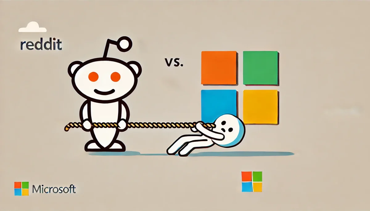 Una ilustración minimalista y divertida que muestra un tira y afloja entre el icono de Reddit y el icono de Microsoft, simbolizando la lucha por el uso de datos. El fondo es simple y limpio, con colores claros que mantienen el enfoque en los íconos.