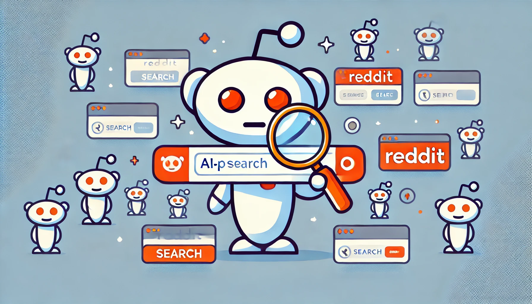 Imagen minimalista y divertida que ilustra la nueva función de búsqueda potenciada por IA de Reddit. La imagen muestra un robot juguetón con una lupa examinando una barra de búsqueda, rodeado de iconos simples que representan varias comunidades de Reddit. Diseño limpio y colorido.