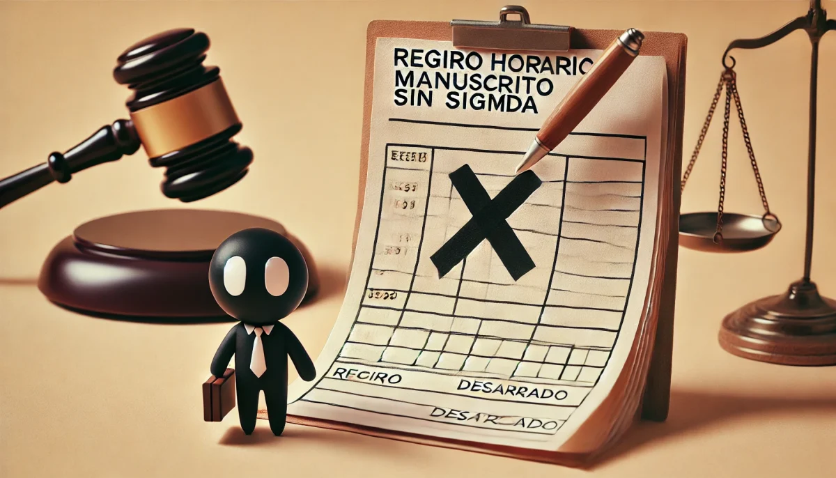 Una imagen minimalista y divertida que muestra un registro horario manuscrito sin firma siendo rechazado por un juez. El registro tiene una gran 'X' encima, indicando su invalidez. El juez, con expresión de desaprobación, señala el documento. La escena es simple y limpia, con un fondo claro y pocos elementos.