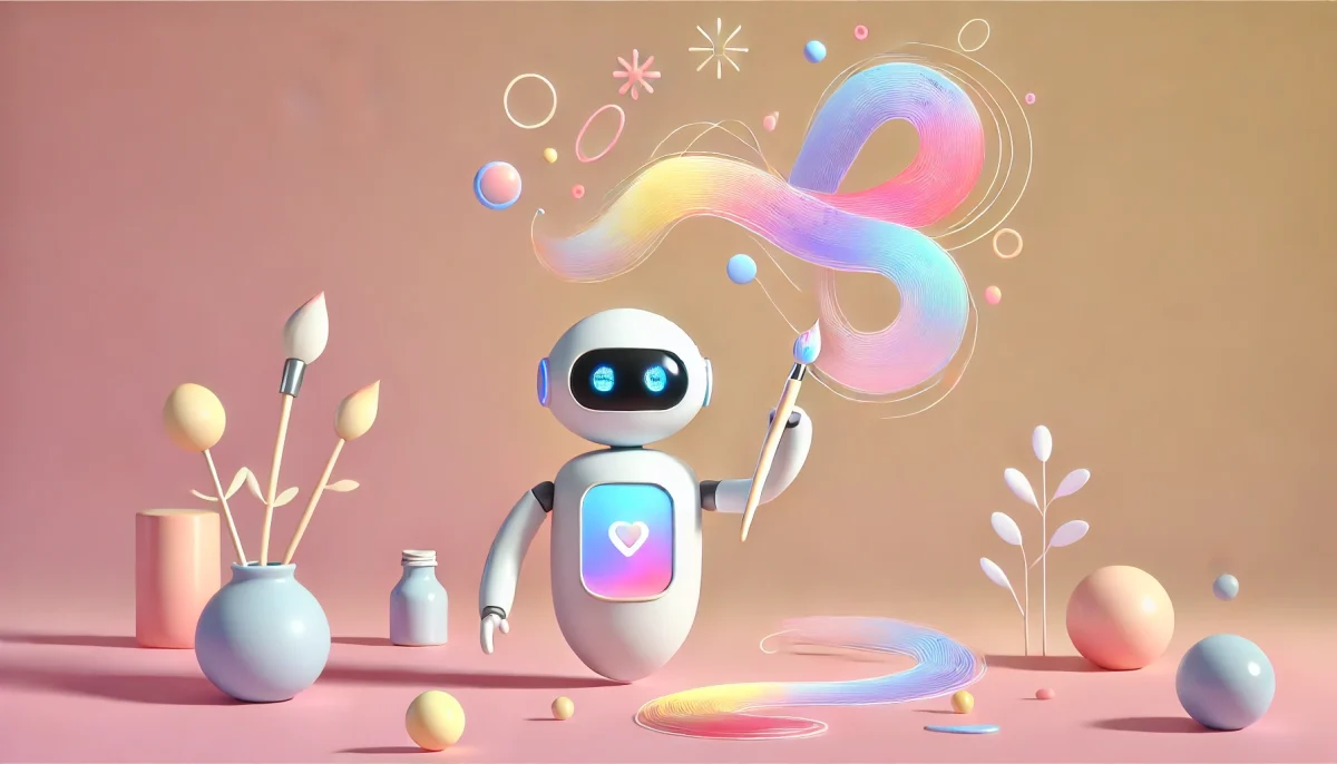 un robot amigable de inteligencia artificial creando una obra de arte abstracta con un pincel. La imagen refleja la accesibilidad y creatividad que ofrecen las herramientas de inteligencia artificial como dall-e 3, con un fondo de colores pastel que transmiten una sensación de tranquilidad y modernidad. Ideal para ilustrar temas sobre tecnología, IA y diseño creativo.