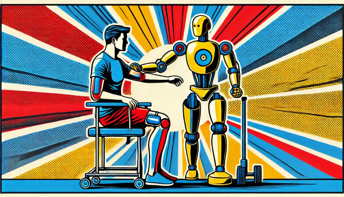 Ilustración de arte pop de robot humanoide ayudando en la rehabilitación, con colores vibrantes y contornos audaces en estilo cómic