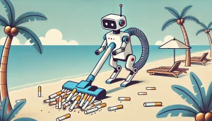 Un robot con forma de perro recoge colillas de cigarrillos en una playa limpia, utilizando aspiradoras en sus patas. La playa tiene algunas palmeras y un cielo azul claro, representando una solución tecnológica innovadora para mantener las playas libres de contaminación.