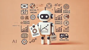 Una imagen minimalista y divertida que representa el concepto de usar IA generativa en marketing. La ilustración muestra un robot sencillo con un gráfico de marketing, rodeado de iconos que representan diversos elementos de marketing como redes sociales, correos electrónicos y gráficos de ventas. El robot parece estar ligeramente confundido, destacando los desafíos de utilizar la IA en marketing.