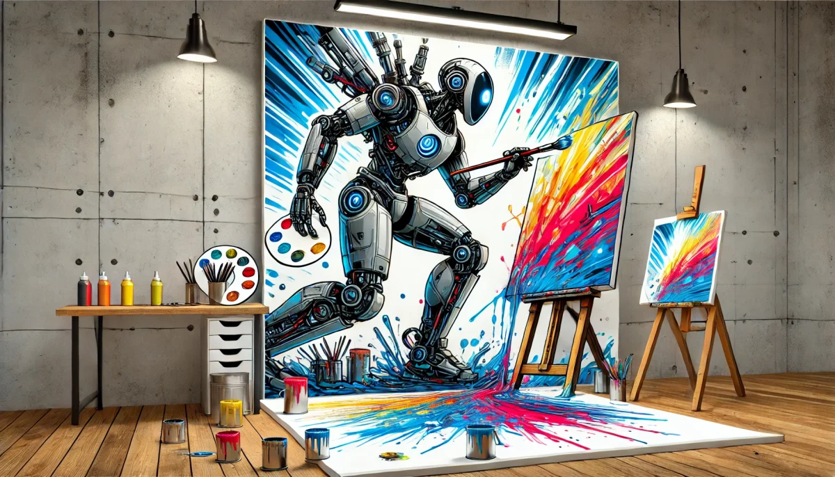 La escena captura un momento creativo del robot en un estudio moderno, rodeado de salpicaduras de pintura y colores vibrantes.