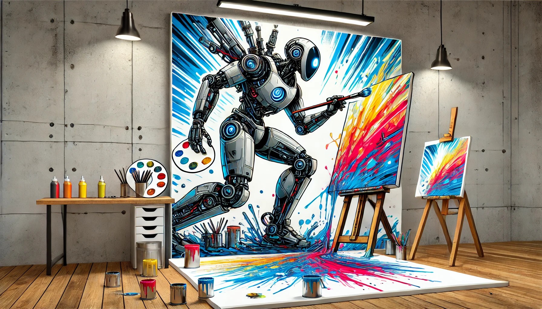 La escena captura un momento creativo del robot en un estudio moderno, rodeado de salpicaduras de pintura y colores vibrantes.